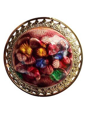 Vintage Reverse Carved Lucite Brooch Gold Tone Floral Pin 1950s New Old Stock